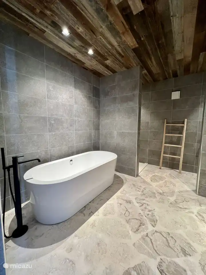 Badezimmer mit Badewanne, Dusche und Doppelwaschbecken, Toilette im Erdgeschoss