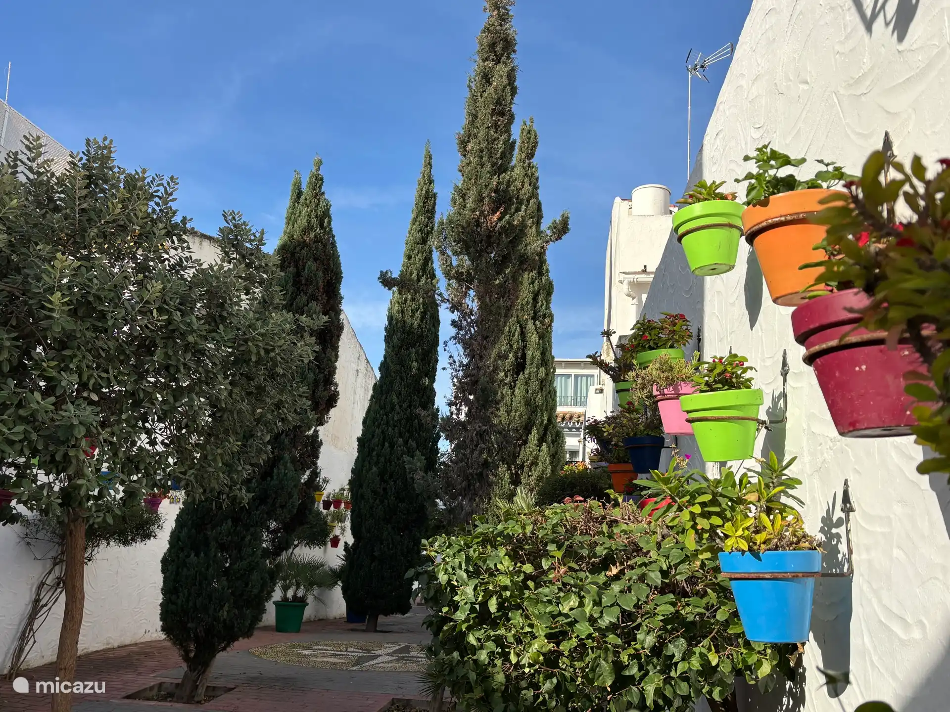 Ook hier de gekleurde bloempotten in een van de kleine straatjes in het centrum. 