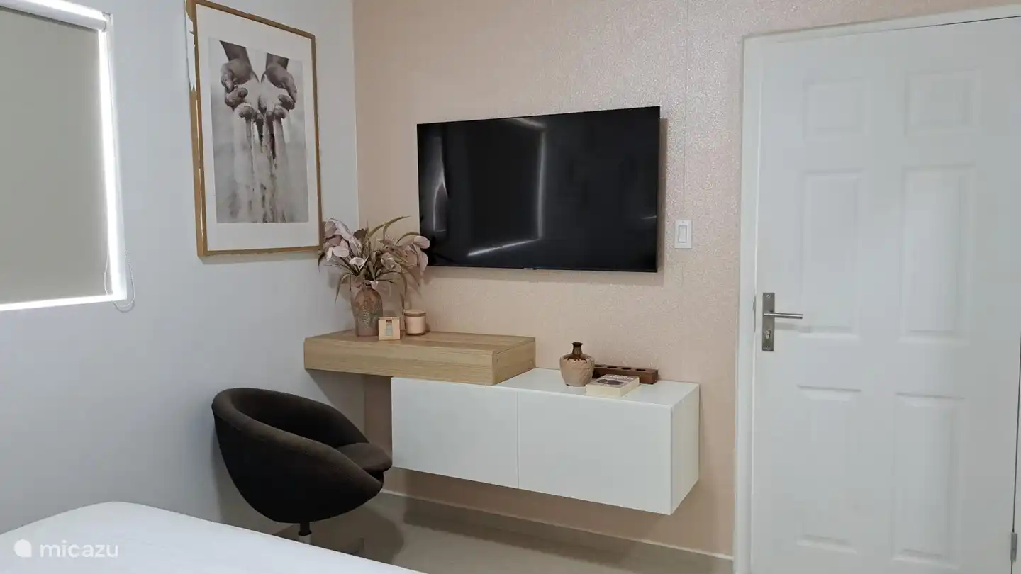 Close-up Sandroom desk with a 55-inch TV.