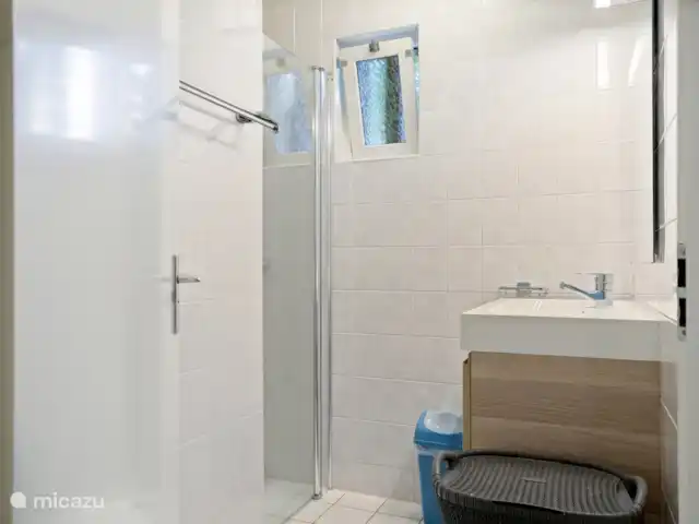 Hibou norvégien | Pays-Bas, Drenthe, Norg - maison de vacances La salle de bain au rez-de-chaussée dispose d’une douche et d’un grand lavabo.