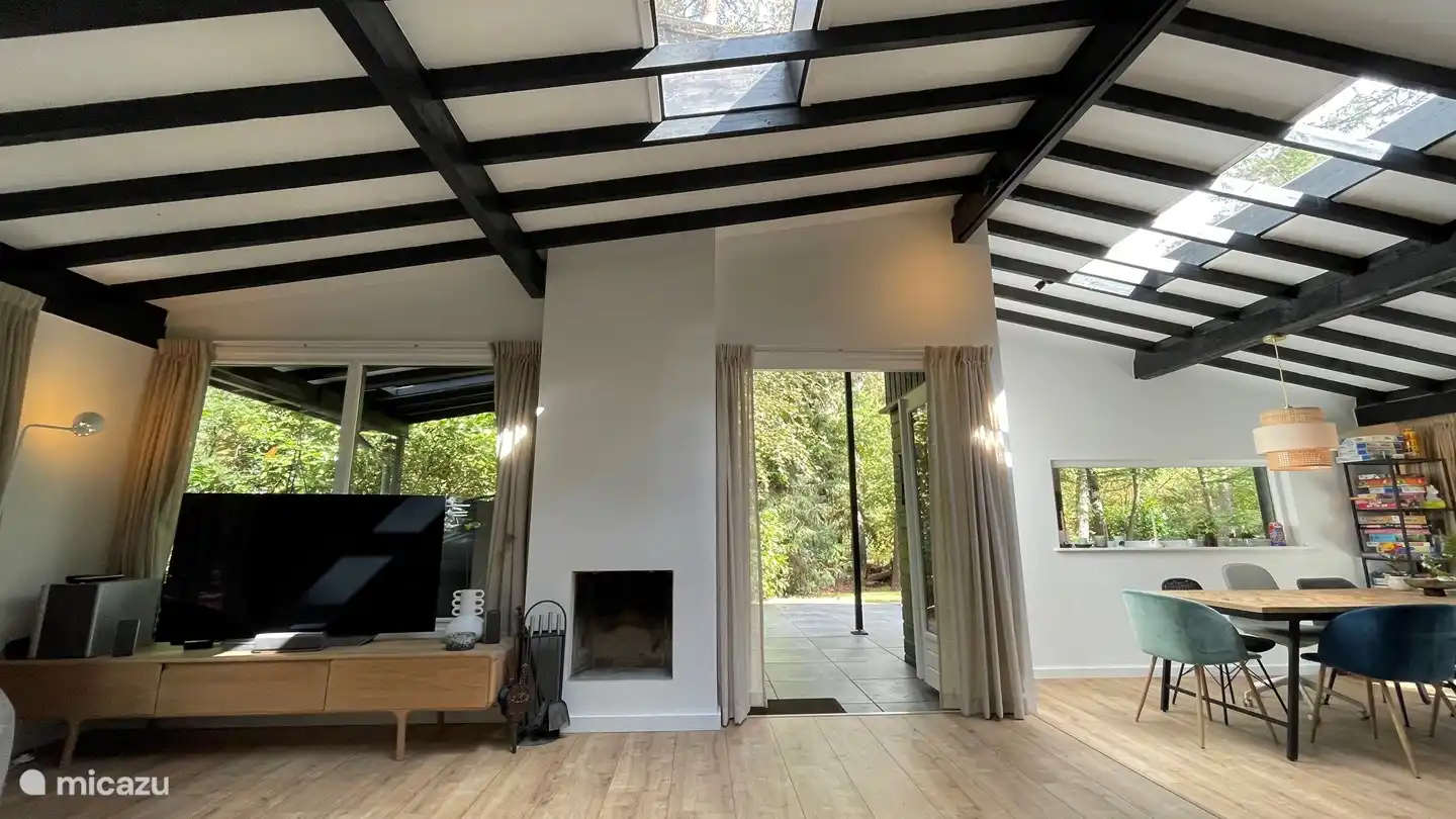 Neben einem Holzofen gibt es einen Kamin.