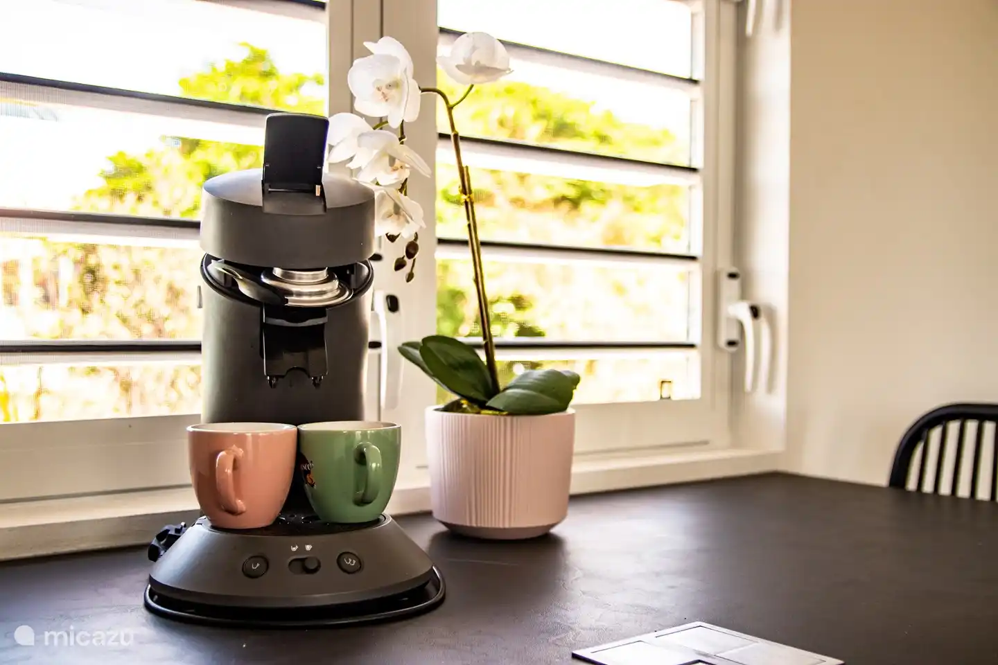 Deliciosa taza de café en vacaciones en Malibú 