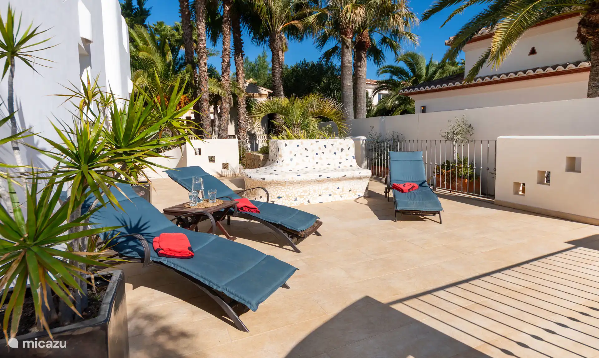 Ligstoelen op zonneterras met palmen