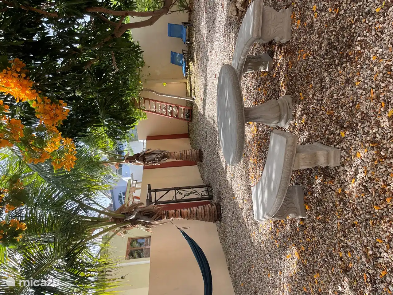 Garten mit gemütlicher Sitzhängematte und Sonnenliegen