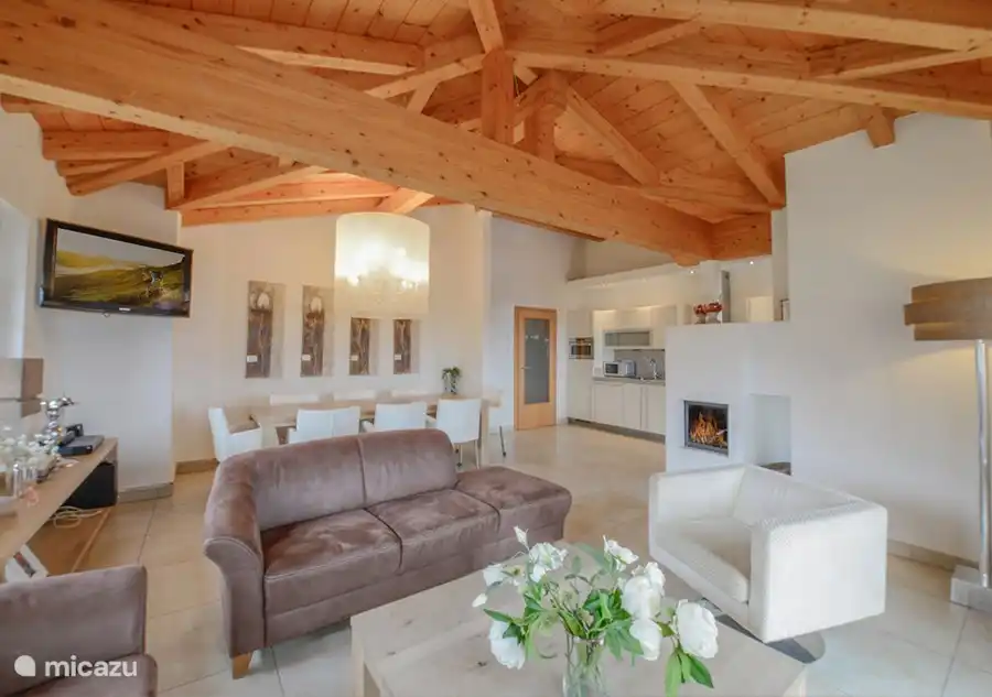 The living room with fireplace, which is located in one large room with the kitchen and dining area.