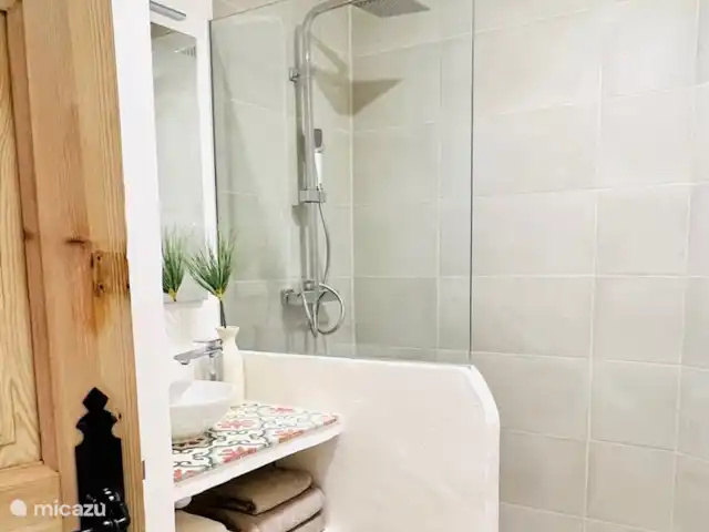 Casa Lina * Los Lagos/ Bohostyle | Espagne, Costa Blanca, Jávea - maison mitoyenne La salle d'eau du rez-de-chaussée se compose d'une spacieuse douche à l'italienne, d'un lavabo avec miroir et de toilettes. Vous y trouverez également le lave-linge et le sèche-linge.
