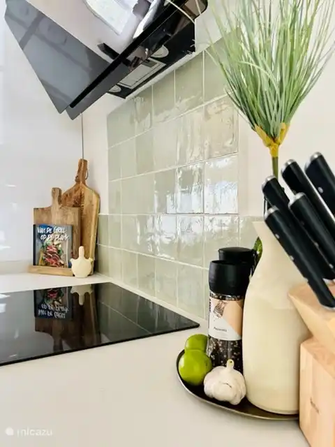 Detail of the kitchen. The splashback is tiled with handmade Moroccan tiles...