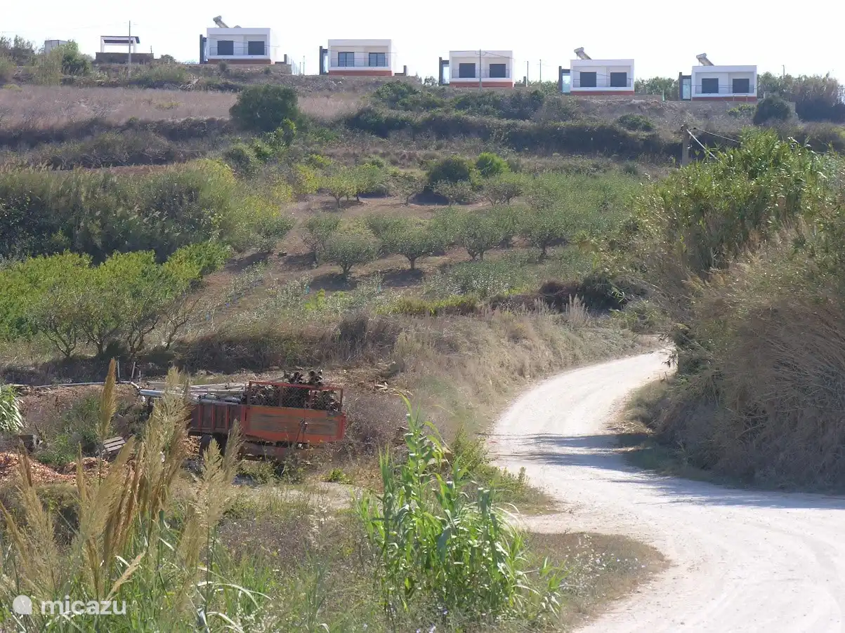 De vijf huizen op het condominium, gezien vanuit de vallei. 