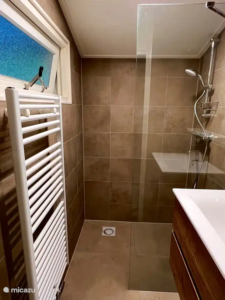 Luxurious bathroom with shower and sink and bathroom furniture with mirror and lighting.