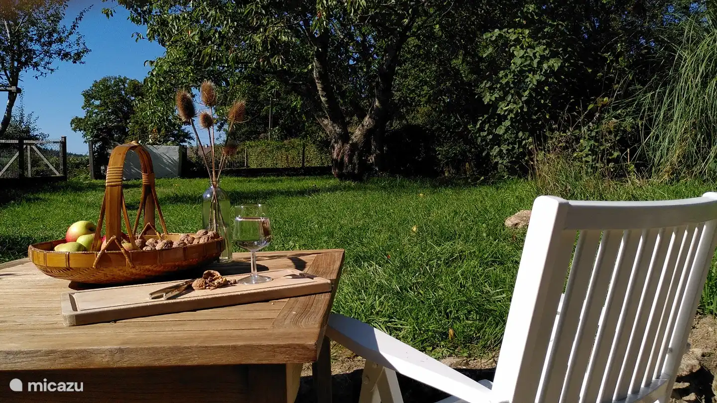 La vue sur le jardin depuis la terrasse. Pendant les chaudes journées d'été, il est merveilleux de rester sous le grand noyer