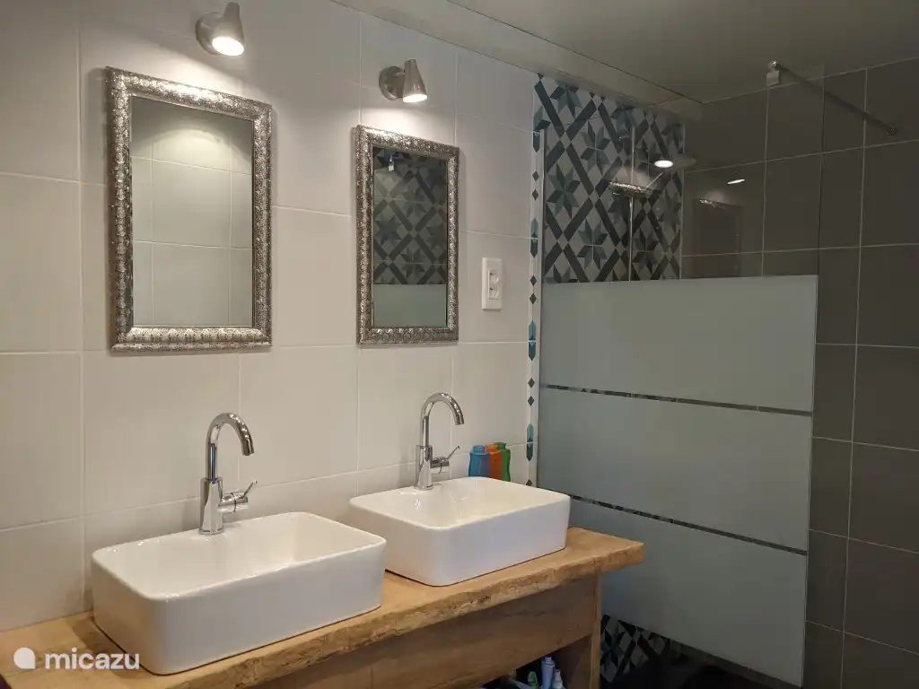 De badkamer ensuite van de slaapkamer op de begane grond. voorzien van inloopdouche en twee wastafels.