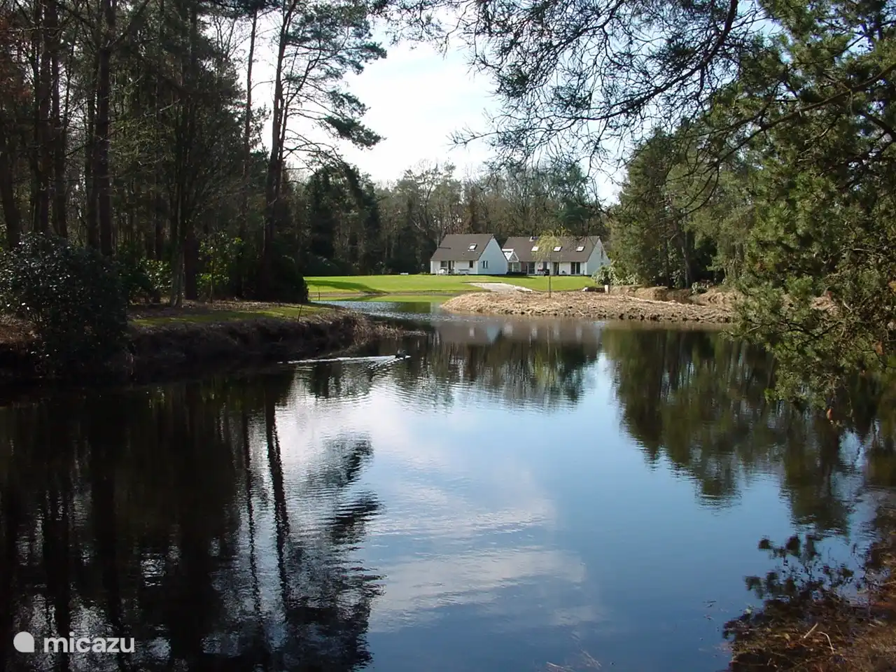 Blick auf Haus, Garten und Teich