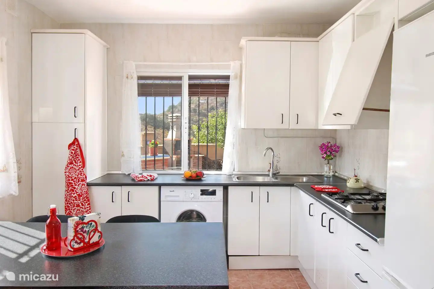 There is a washing machine, double sink, fridge / freezer combination, oven, microwave and ... a view.