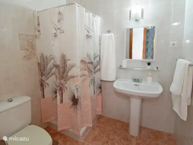 villa en España, Costa del Sol, Comares – villa el deseo Cuarto de baño 2 con ducha, lavabo e inodoro.