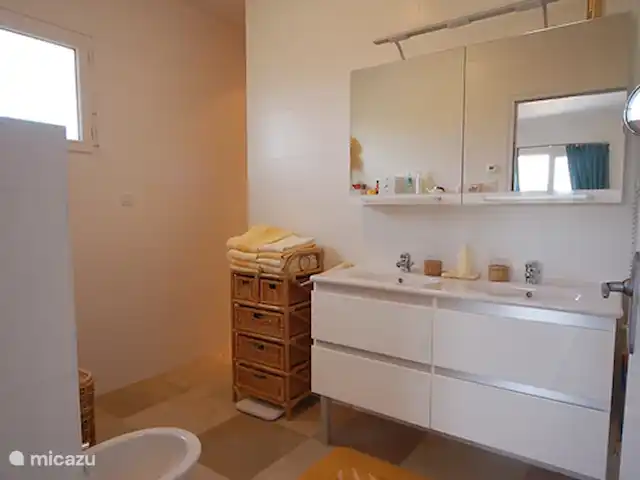 Vakantievilla Fleur de Lys huren in Frankrijk, Charente, Rouzède - villa privé inloopbadkamer 1 (bij slaapkamer 1) met toilet, bidet, dubbele wastafel en inloopdouche