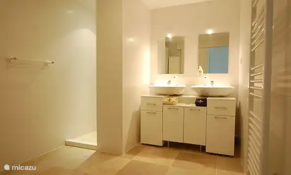 Badezimmer 4 (Erdgeschoss) mit Doppelwaschbecken, Dusche, Handtuchheizkörper und separater Toilette