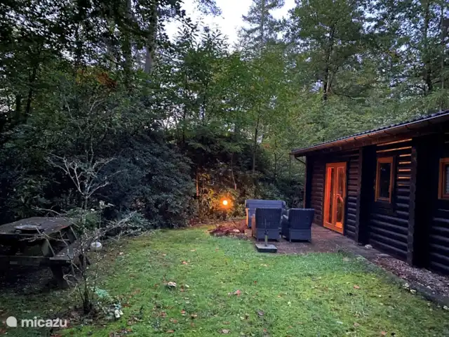 Location de Vacances Pays-Bas, Gueldre, Ermelo, chalet - Le tronc d'arbre Jardin boisé avec table de pique-nique
