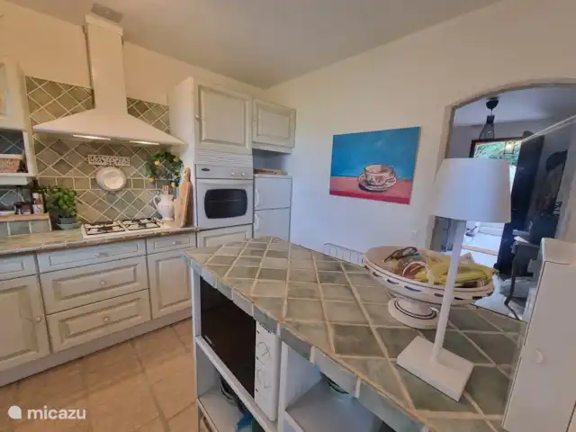 Maison Cocorico vista sin obstáculos en Francia, Costa Azul, Cogolin - casa vacacional cocina con 3 fuegos de gas y 1 fuego eléctrico, campana extractora, horno, microondas y frigorífico/congelador, lavavajillas