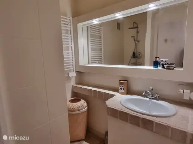 Maison Cocorico vista sin obstáculos en Francia, Costa Azul, Cogolin - casa vacacional el baño 1 tiene un gran espejo, lavabo y ducha a ras de suelo con termostato y ducha de lluvia.