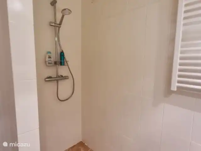 Maison Cocorico vista sin obstáculos en Francia, Costa Azul, Cogolin - casa vacacional el baño 1 tiene un gran espejo, lavabo y ducha a ras de suelo con termostato y ducha de lluvia.