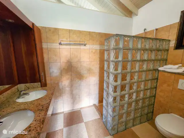 The Blue Bay Beachvilla huren in Curaçao, Curacao-Midden, Willemstad - villa The Blue Bay Beachvilla - Bathroom with connecting door to Master Bedroom, badkamer met deur naar slaapkamer 1