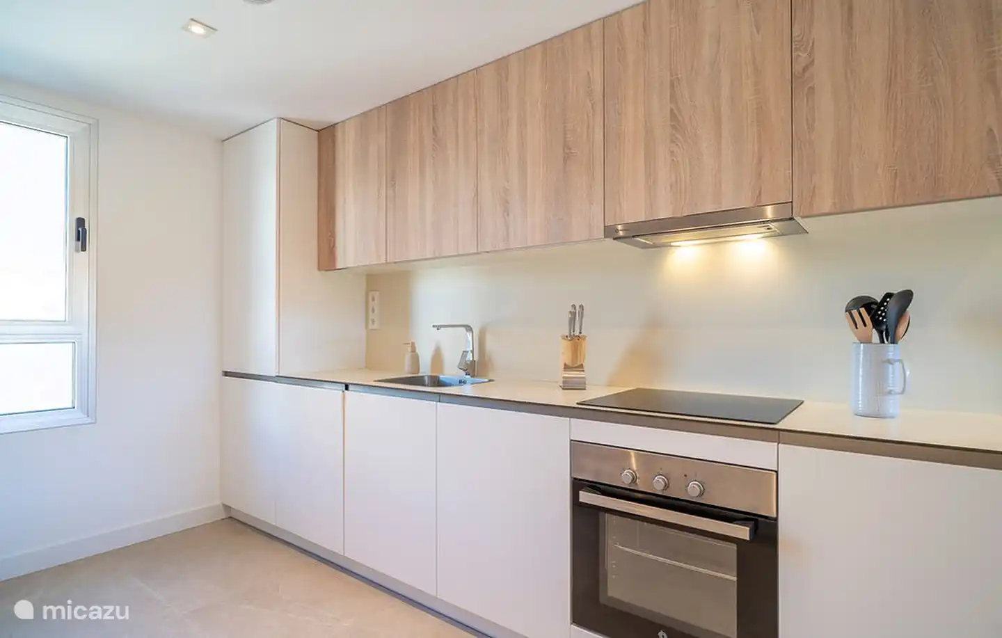 La cuisine avec plaques électriques, four, lave-vaisselle, réfrigérateur et congélateur