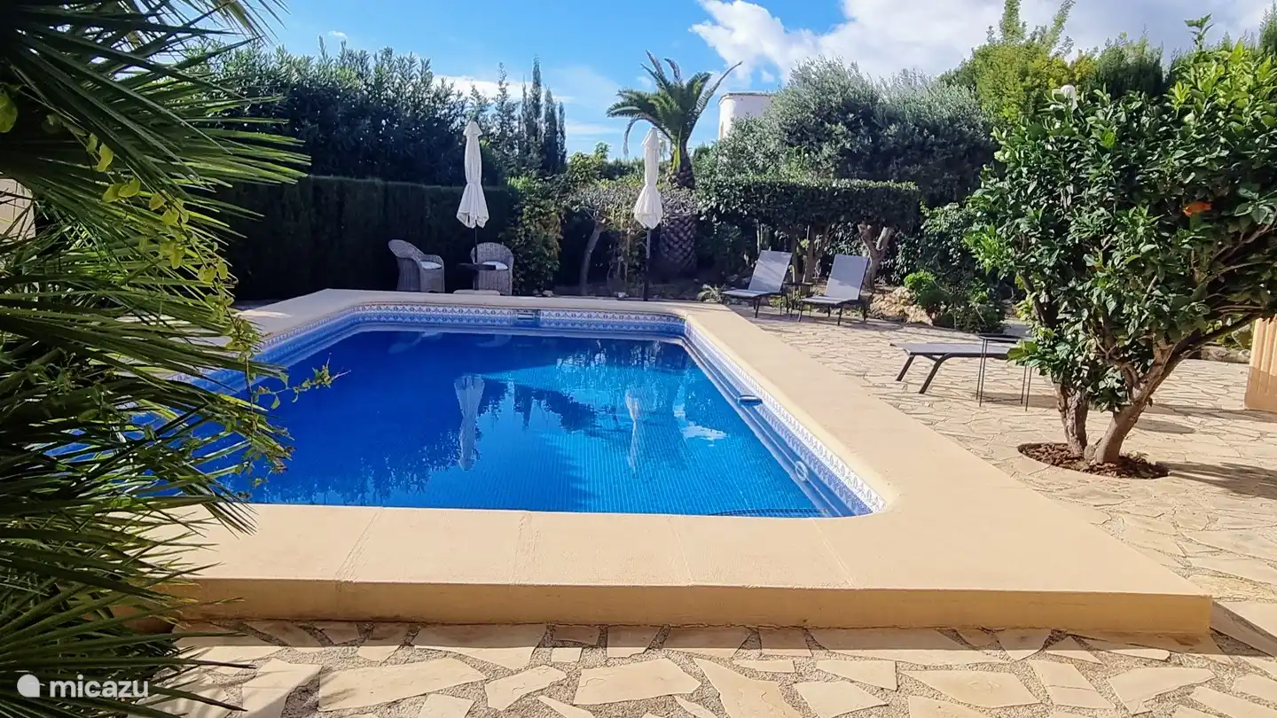 Piscine avec transats et sièges 