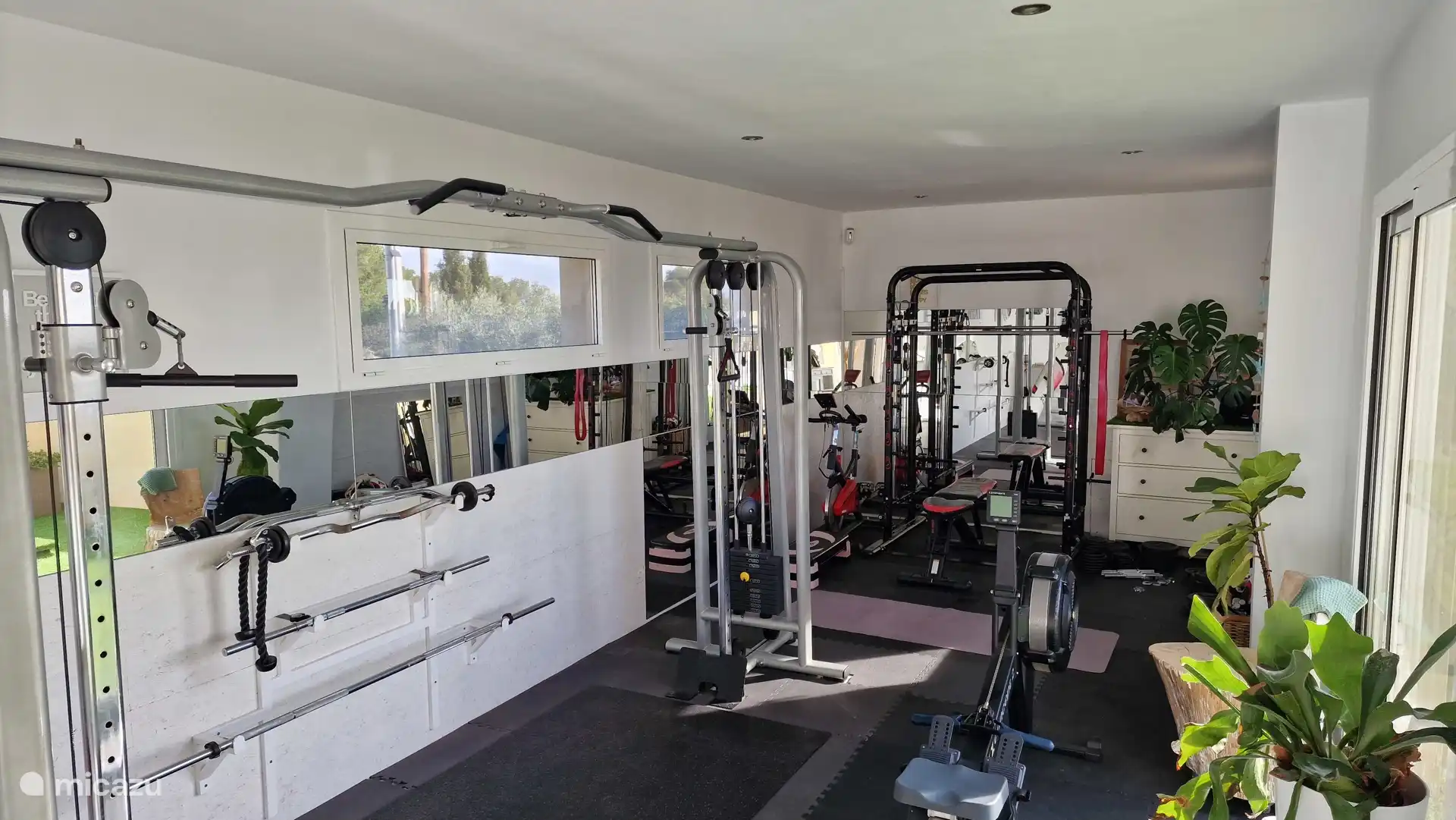 Rack de sentadillas multifuncional en el fondo, m&#225;quina de remo Concept 2 y una bicicleta de spinning.