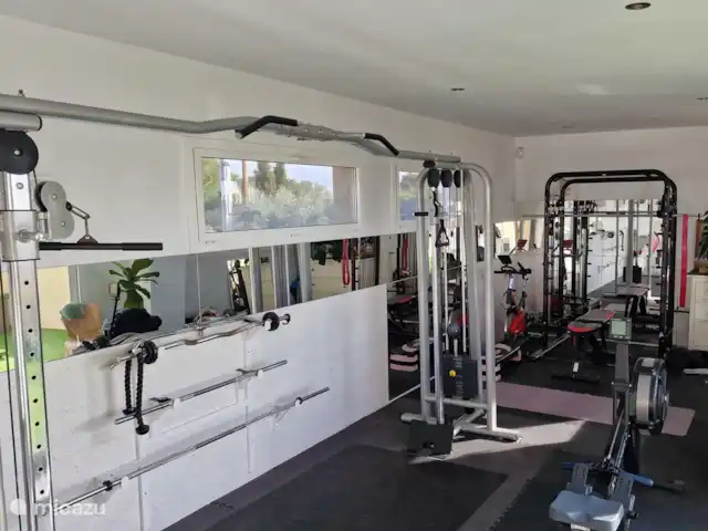 Location de Vacances Espagne, Barcelone, Canyelles, appartement - Villa Contenta Canyelles Support de squat multifonctionnel en arrière-plan, rameur Concept 2 et un vélo de spinning.