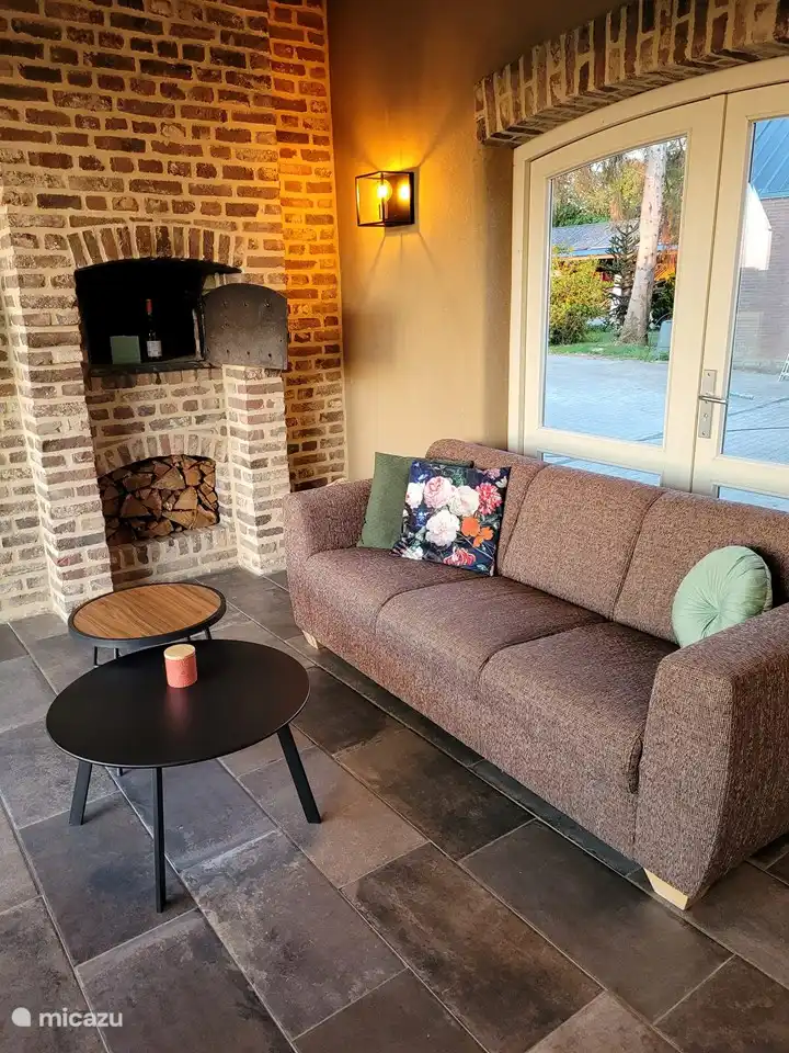 The sofa with fireplace.