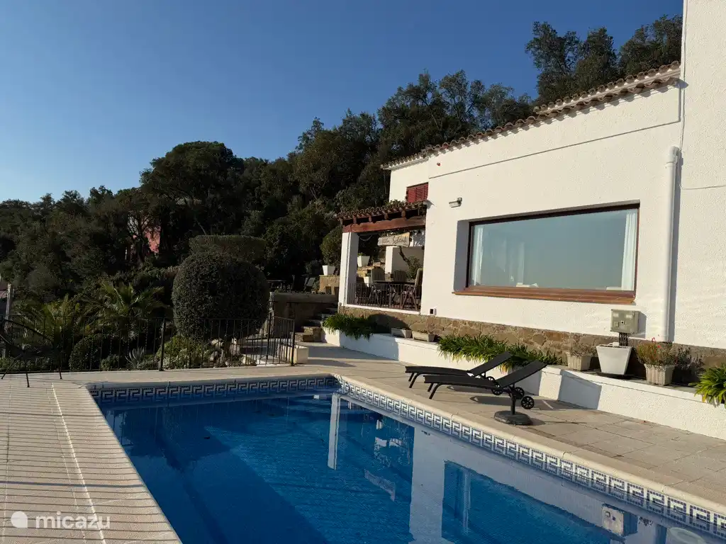 Het (verwarmde) zwembad met uitzicht op veranda en terras