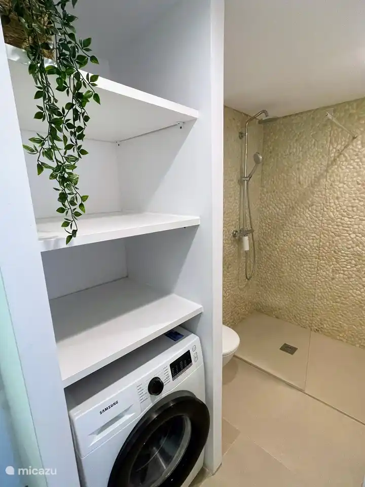 À côté de la chambre, vous avez accès à la salle de bain par une porte coulissante.  La salle de bain dispose d’un grand lavabo, d’une machine à laver, de toilettes et d’une douche spacieuse.