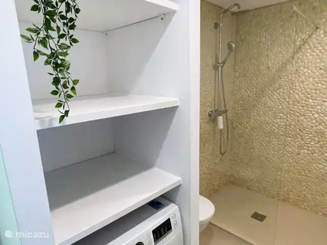 Casa Zita Playa | Espagne, Ibiza, Santa Eulalia - appartement À côté de la chambre, vous avez accès à la salle de bain par une porte coulissante.  La salle de bain dispose d’un grand lavabo, d’une machine à laver, de toilettes et d’une douche spacieuse.