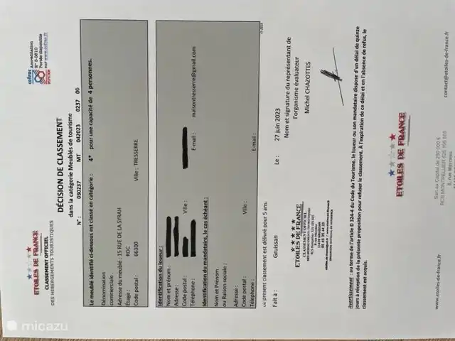 La décision de classement des Etoiles de France concernant notre maison