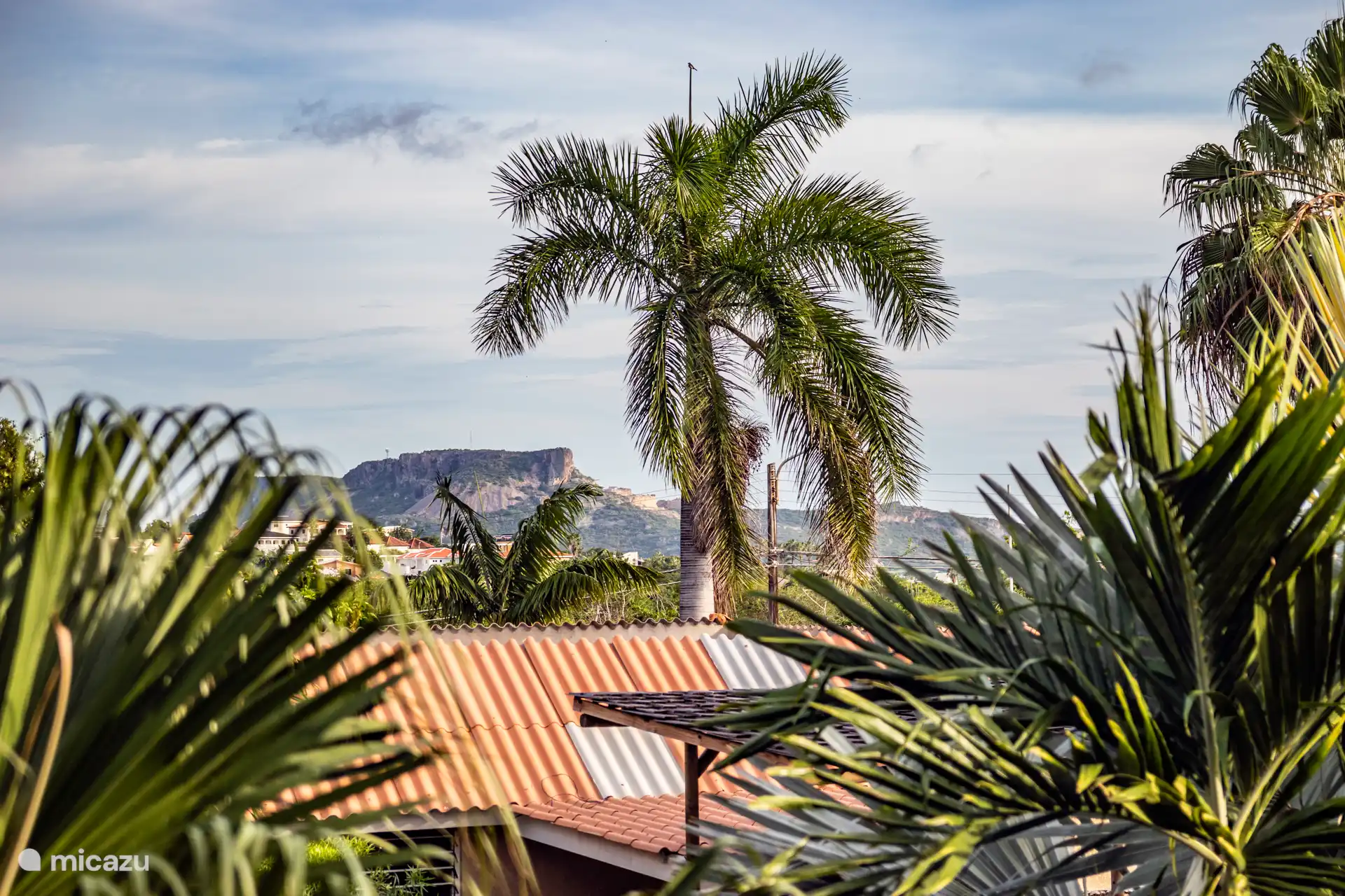 Vista desde el porche del jardín tropical y al fondo, la montaña de mesa de Curazao. 