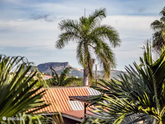 Cocobana18 huren in Curaçao, Banda Ariba (oost), Cas Grandi - appartement Uitzicht vanaf de porche op de tropische tuin en op de achtergrond, de tafelberg van curacao.