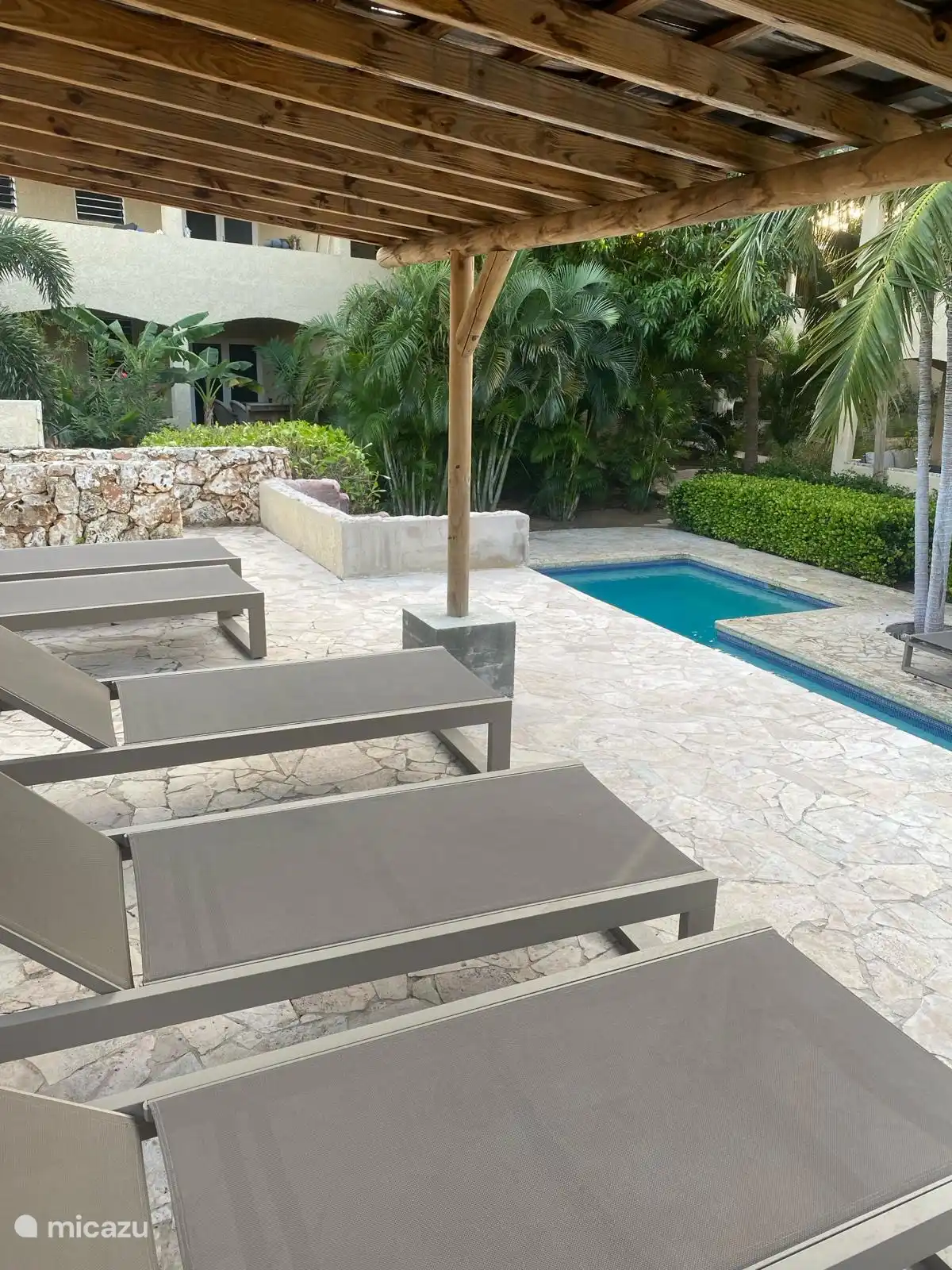 Sobre la piscina bronceándose al sol 