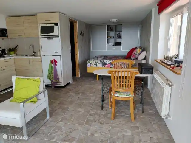 Cuisine et à droite le lit avec espace de rangement.