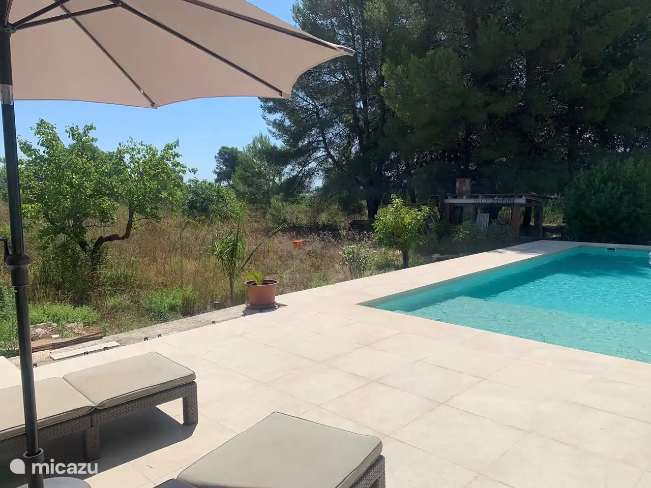 Vista sobre la piscina y el jardín contiguo