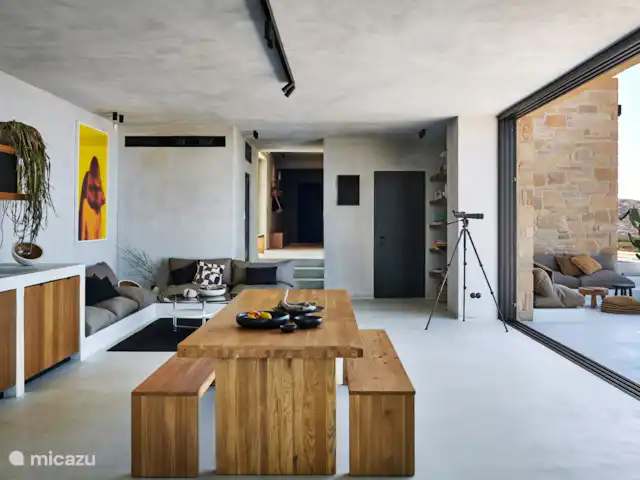 Metochi Lodge huren in Griekenland, Kreta, Platanos - villa Terrasramen open waarbij binnen en buiten ineen vloeien