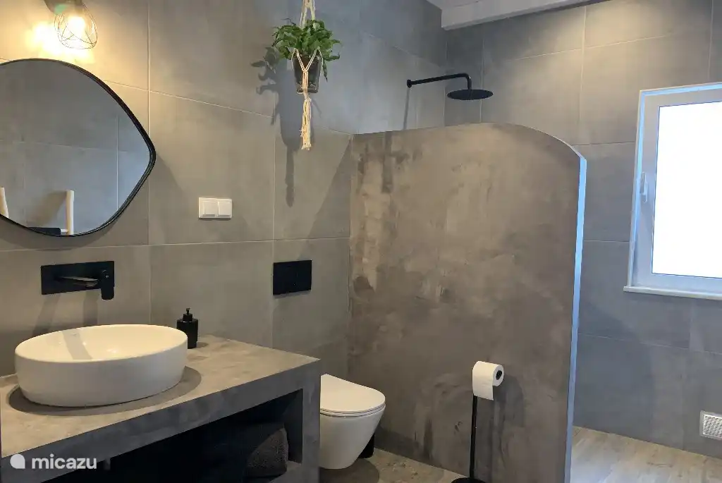 Moderne badkamer met inloopdouche en toilet.