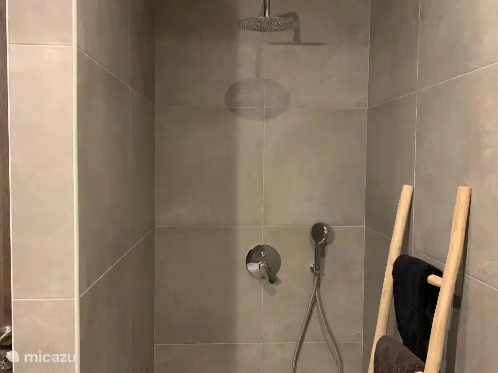 Geräumige begehbare Dusche mit gutem Wasserstrahl.