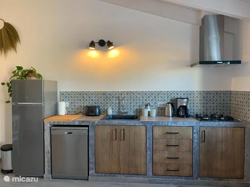 Offene Küche mit Geschirrspüler, Herd, Kühlschrank/Gefrier, Kaffeemaschine, Wasserkocher und Toaster.