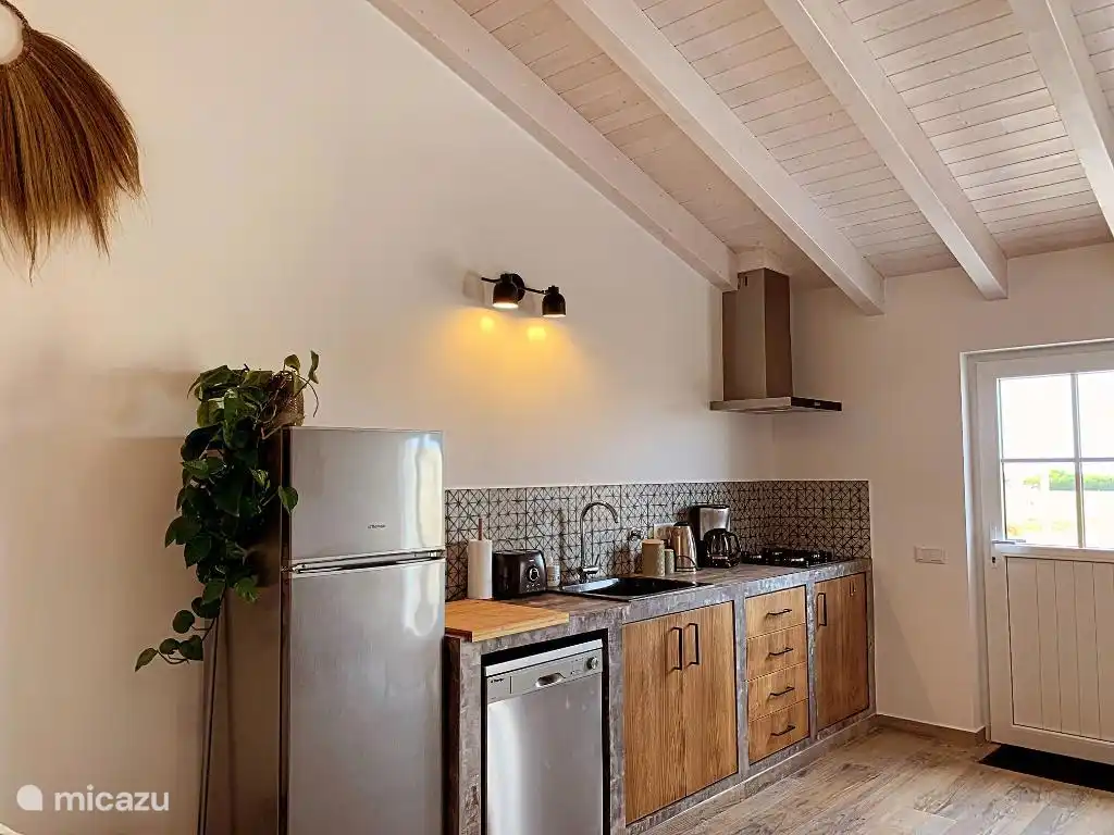 Gut ausgestattete Küche mit Zugang zur Terrasse.