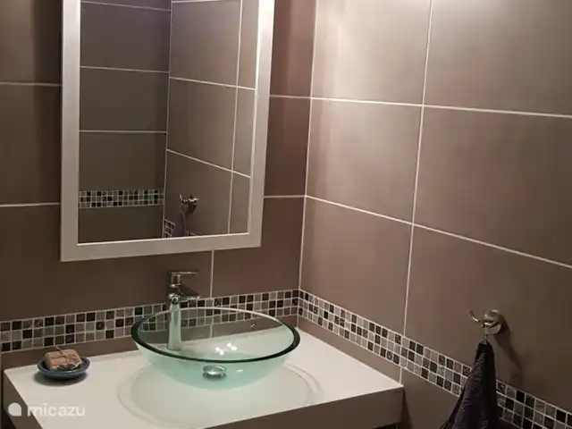 La Maison Blanche | France, Ardèche, Rompon - villa Salle de bain dans la chambre indépendante n°5, lavabo, douche à l'italienne spacieuse et WC séparé.