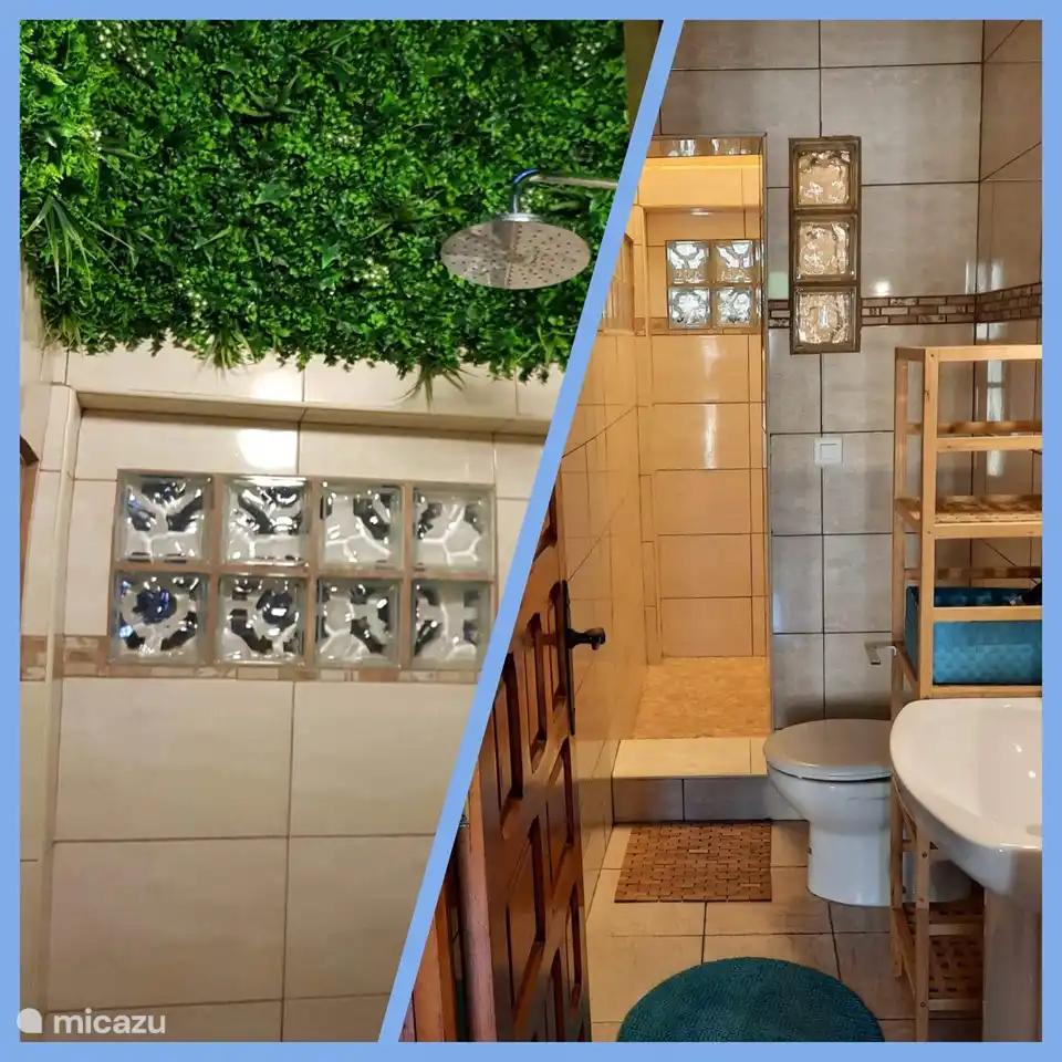 Duschraum mit großer ebenerdiger Dusche, WC und Waschbecken