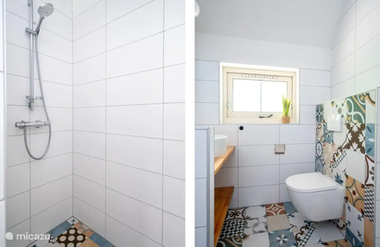 In 2022 is onze douche gerenoveerd en hebben we een hele ruime inloop douche gemaakt en de ruimte getegeld met portugese tegels voor een heerlijk vakantie gevoel