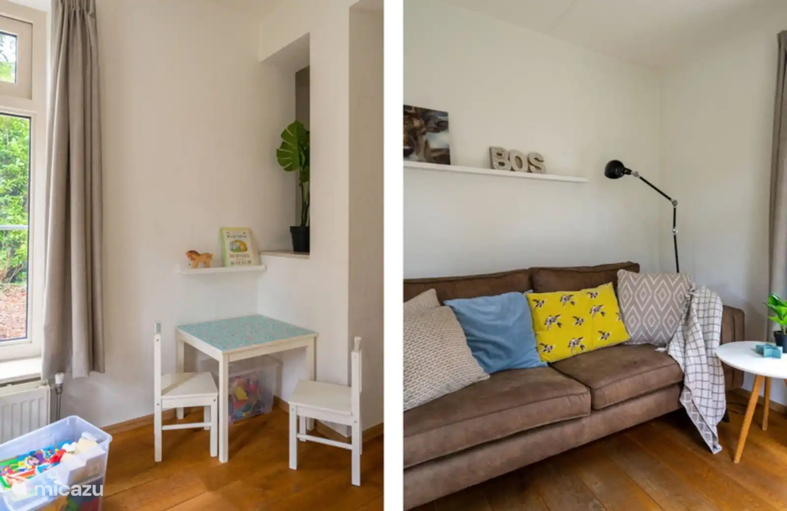 Onze woonkamer heeft naast voldoende zitplekken ook een fijn kinderhoekje met speelgoed kisten voor de kleinste gasten