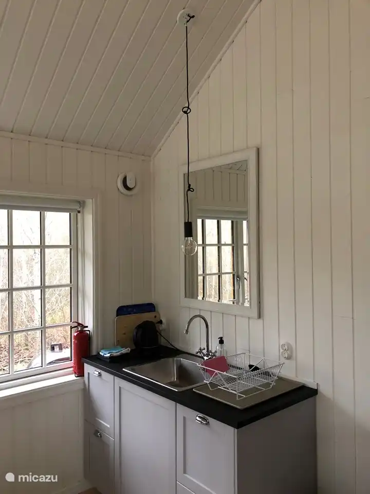 A kitchenette on both sides of the fireplace. Washing dishes on the left and cooking on the right