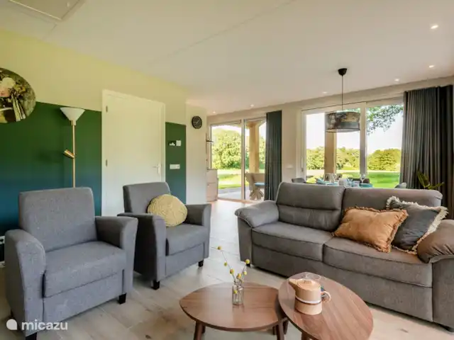 Vue sur prairie | Pays-Bas, Overijssel, Ootmarsum - bungalow Le coin salon spacieux du phénix